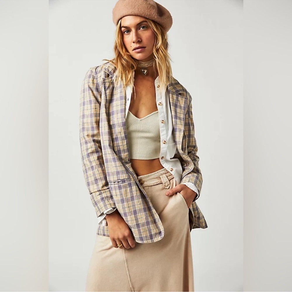 Free People! Plaid Beckett Boyfriend Blazer In Lilac Combo NWOT!